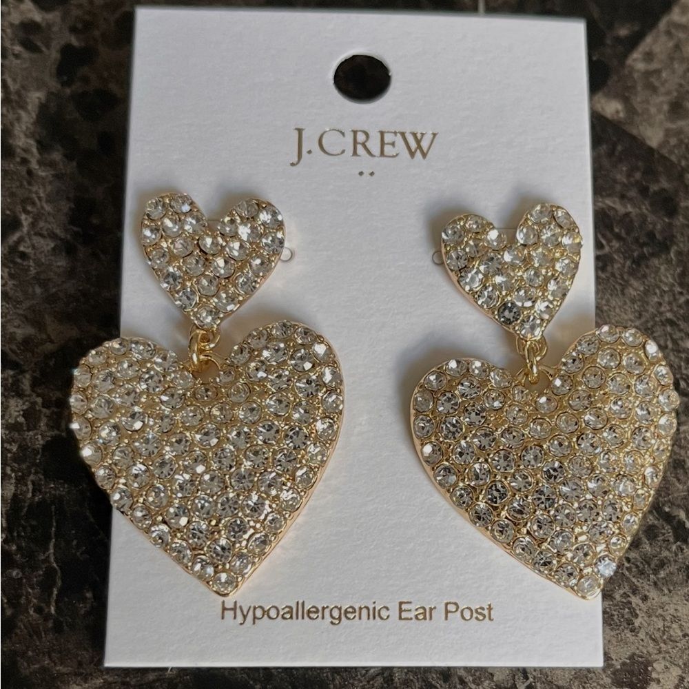 J Crew Women's Gold Plated Heart Earrings Cubic Zirconia Stone Party Prom Dangle